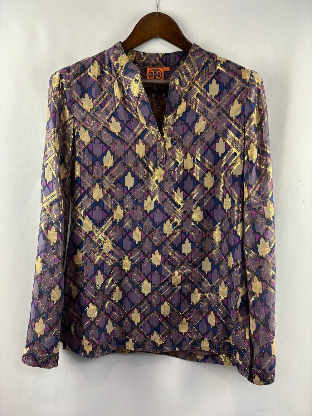Women’s Tory Burch Size 8 Metallic Multicolor Pattern Blouse